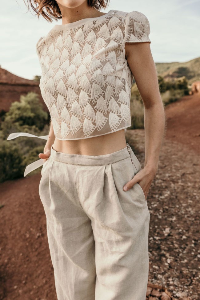 ensemble crop top dentelle pantalon lin bio mariage