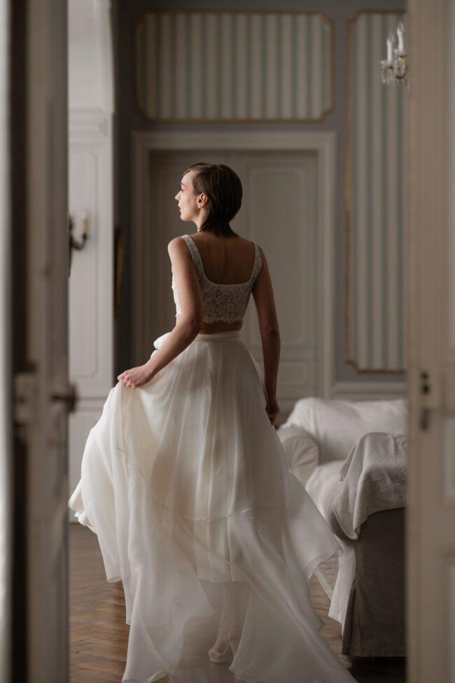 robe de mariée traîne amovible en organza de soie