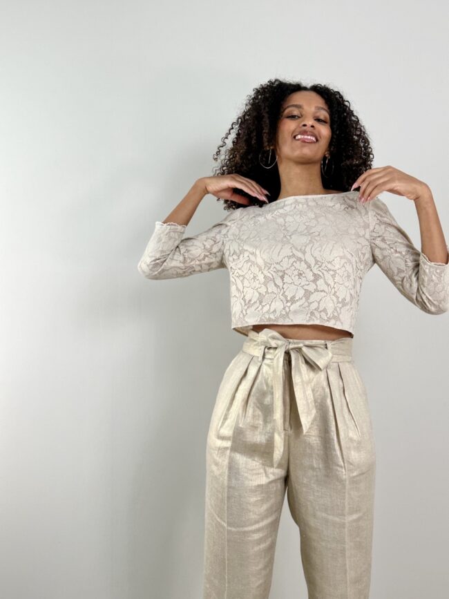 Ensemble de soirée crop top dentelle or et pantalon en lin or