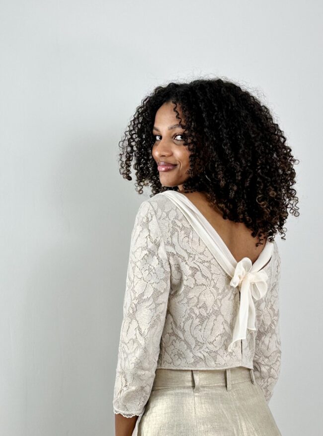 Ensemble de soirée crop top dentelle or et pantalon en lin or