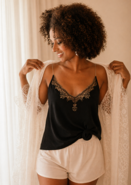 caraco nuisette en soie et dentelles noir